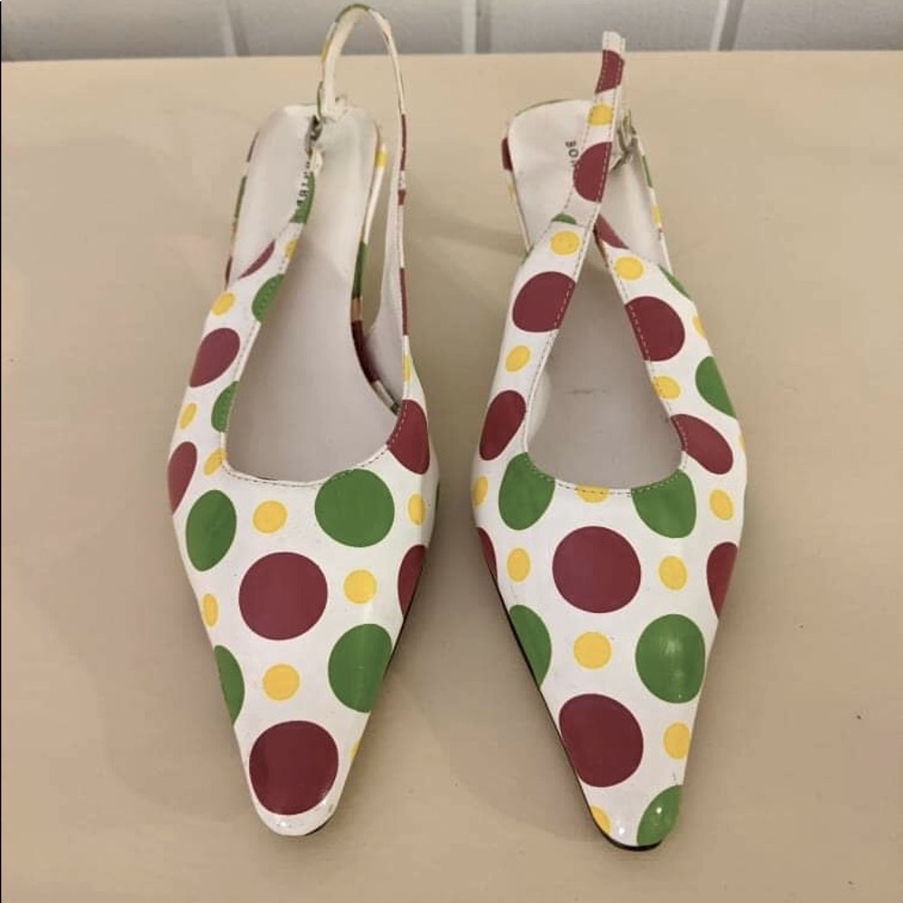 Y2K Polka Dot Pointy Toe Slingback Kitten Heel Vintage Size 6 Shoes